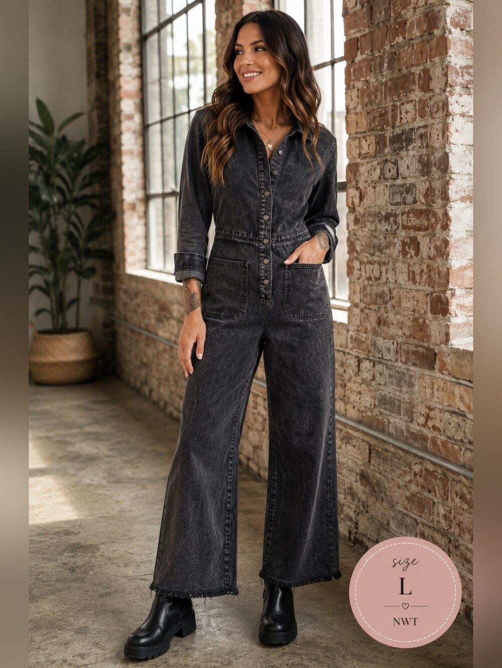 Umgee NWT Washed Black Denim Utility Jumpsuit Wide Leg Raw Hem